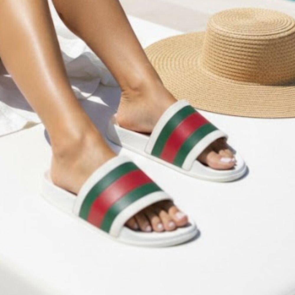 Gucci Web Slide Sandals White Green Red Rubber Unisex w Box & Dust Bags